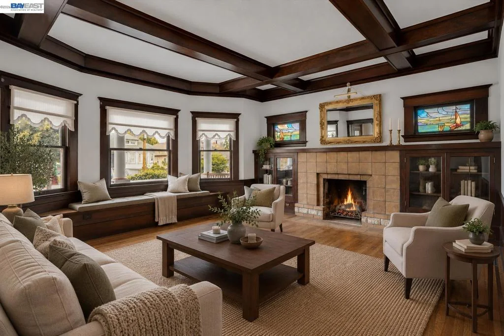 Wide furnished view of the living room and its coffered ceiling