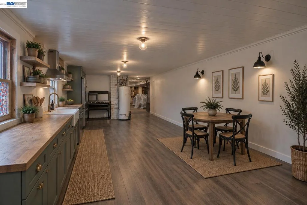 Finished lower-level lounge with kitchenette and recessed lighting